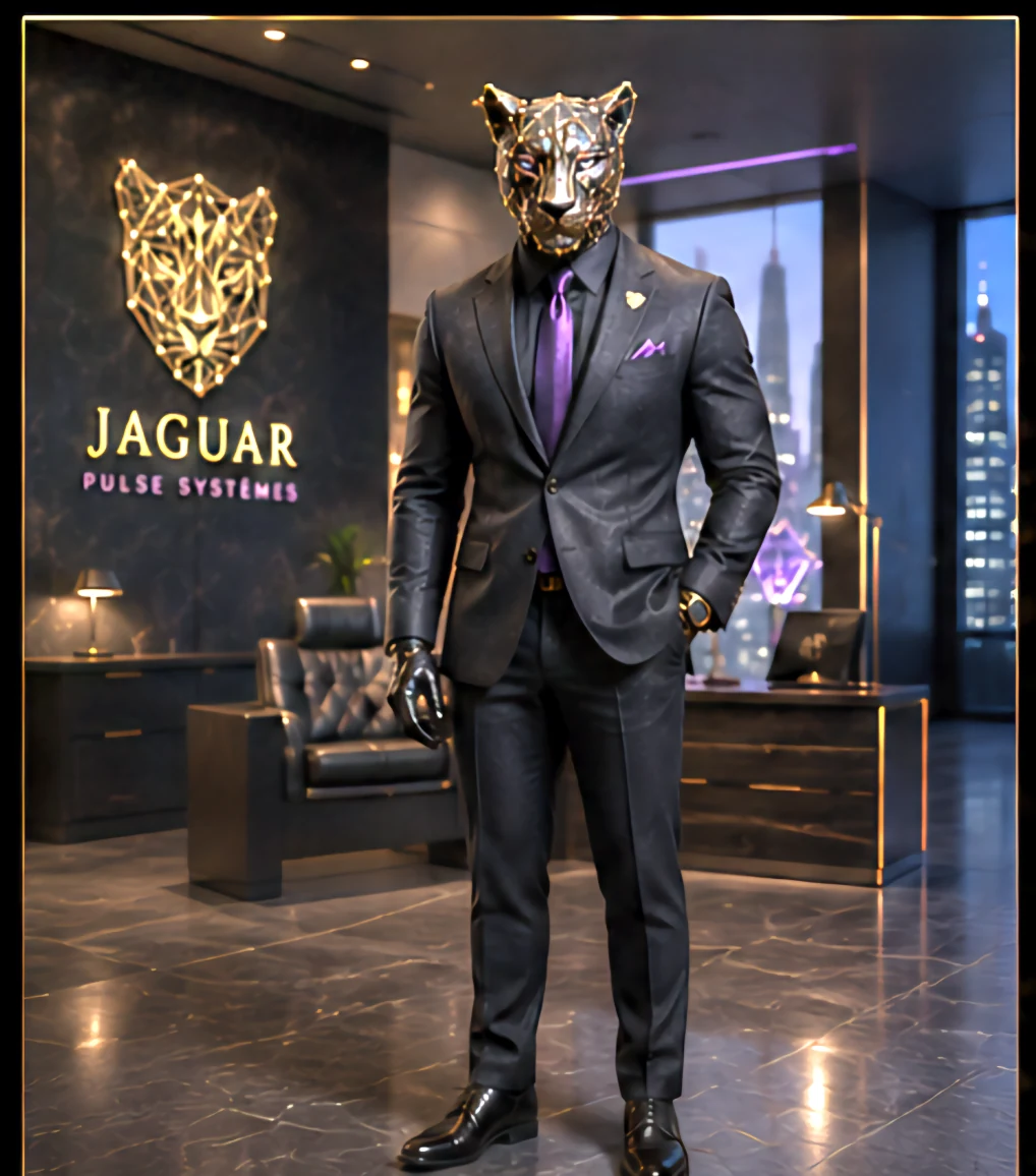 Mascotte Jaguar Pulse Systemes en costume dans un bureau premium — formation à l'usage de l'IA